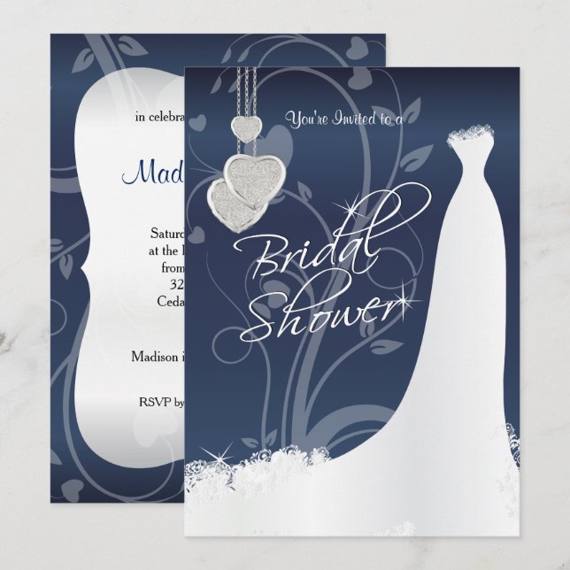Bridal Shower in Navy Blue Floral Satin Invitation (Front/Back)