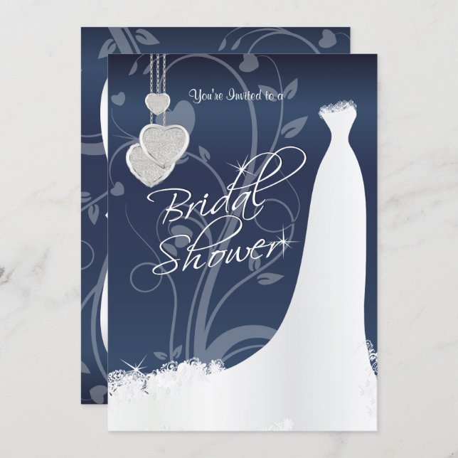 Bridal Shower in Navy Blue Floral Satin Invitation (Front/Back)