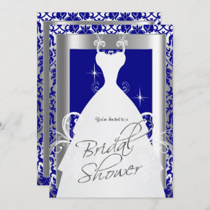 Bridal Shower in Royal Blue Damask and Silver Invitation