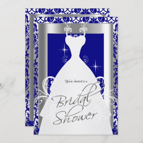 Bridal Shower in Royal Blue Damask and Silver Invitation