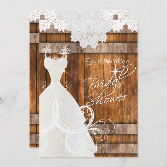 Bridal Shower in Rustic Barn Wood and Lace Invitation (Front/Back)