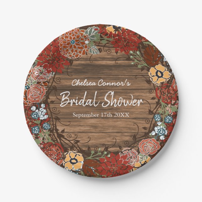 Bridal Shower in Rustic Floral Wreath Paper Plates (Front)
