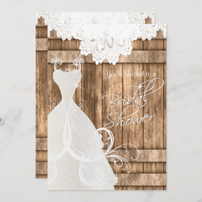 Bridal Shower in Rustic Light Wood and Lace Invitation (Front/Back)
