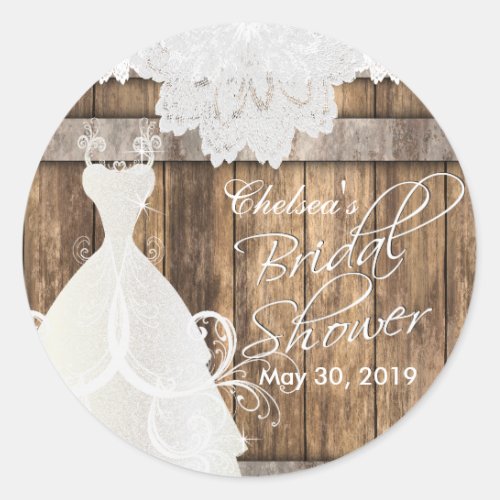 Bridal Shower in Rustic Wood and Lace Classic Round Sticker