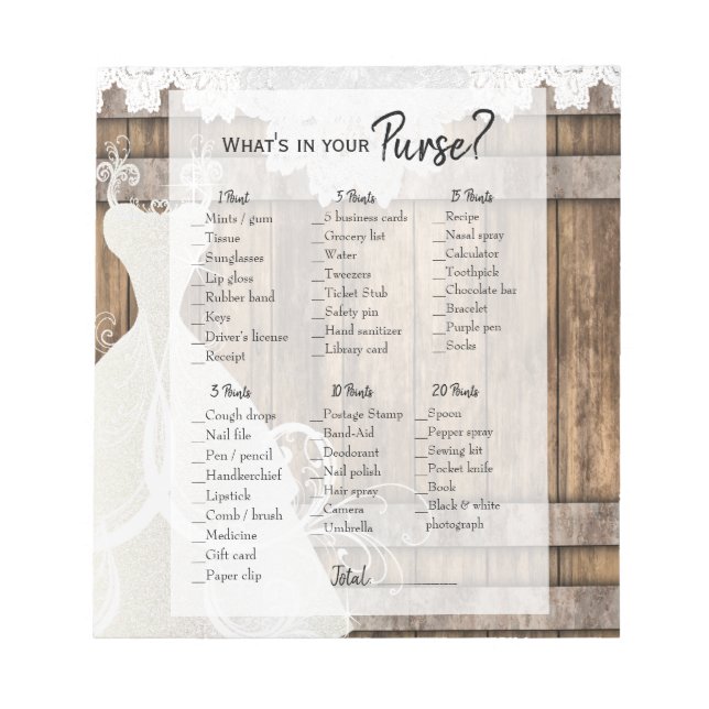 Bridal Shower in Rustic Wood and Lace Game Notepad (Front)