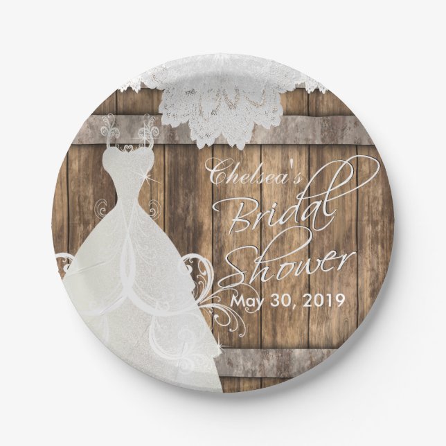 Bridal Shower in Rustic Wood and Lace Paper Plates (Front)