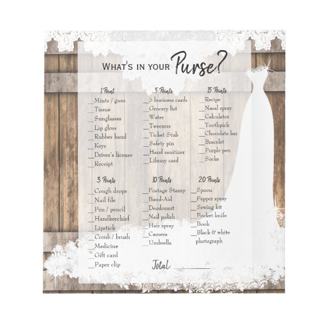 Bridal Shower in Rustic Wood and White Lace Game Notepad (Front)