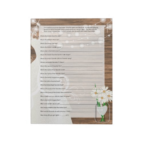 Bridal Shower in Rustic Wood String Lights Game 2 Notepad