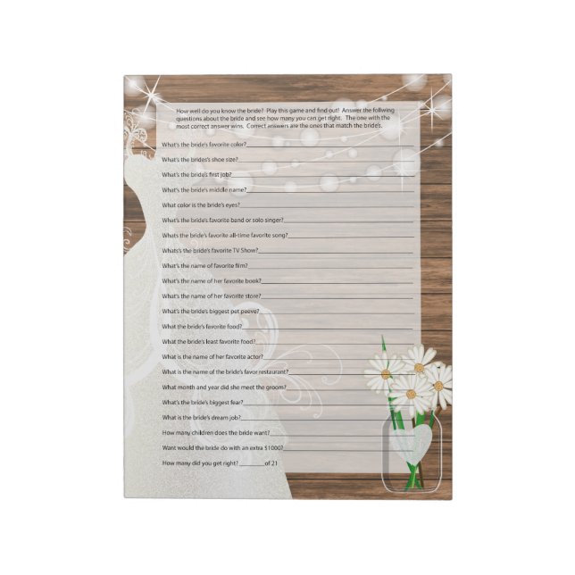 Bridal Shower in Rustic Wood String Lights Game 2 Notepad (Rotated)