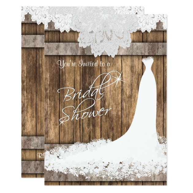 Bridal Shower In Rustic Wood & White Lace Invitation