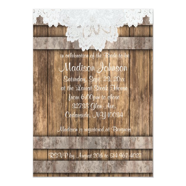 Bridal Shower In Rustic Wood & White Lace Invitation