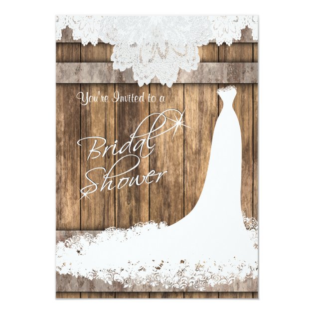 Bridal Shower In Rustic Wood & White Lace Invitation