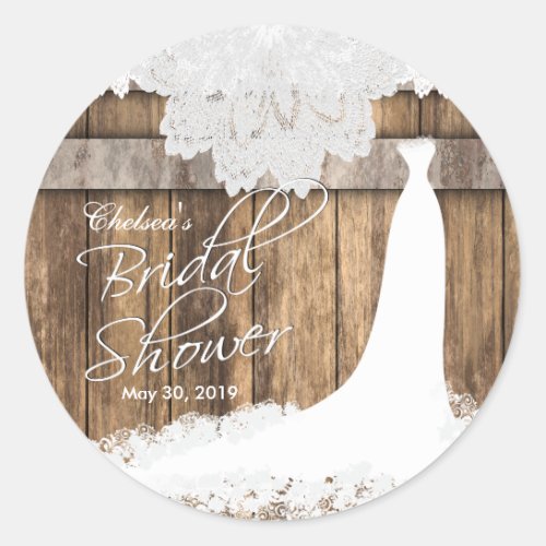 Bridal Shower in Rustic Wood  White Lace Classic Round Sticker