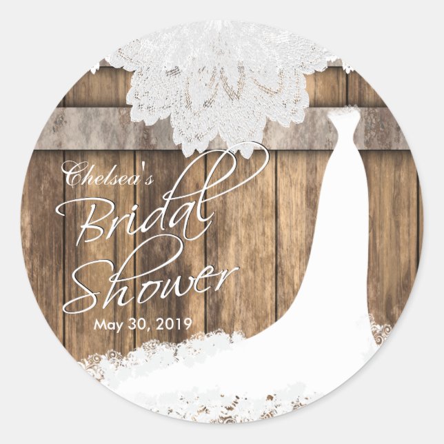 Bridal Shower in Rustic Wood & White Lace Classic Round Sticker (Front)