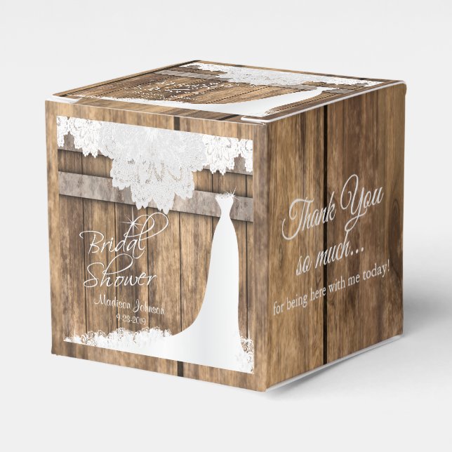 Bridal Shower in Rustic Wood * White Lace Design Favor Boxes (Front Side)