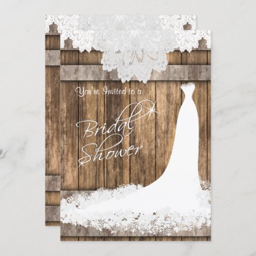 Bridal   Shower in Rustic Wood  White Lace Invitation