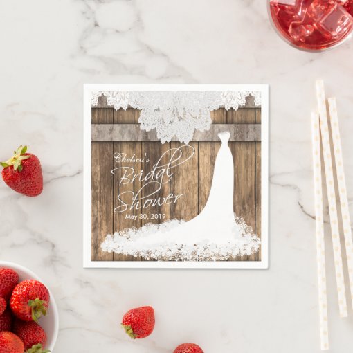 Bridal Shower in Rustic Wood & White Lace Paper Napkins Zazzle