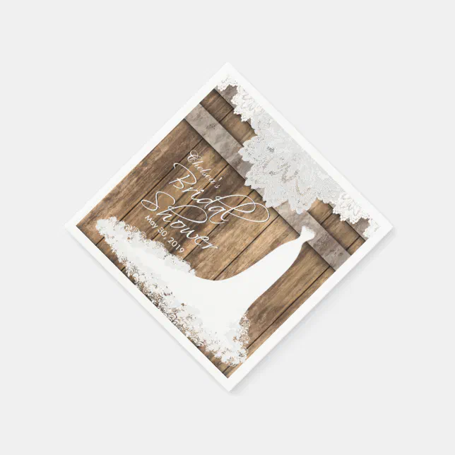 Bridal Shower in Rustic Wood & White Lace Paper Napkins Zazzle