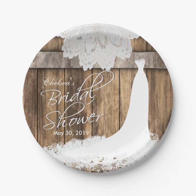 Bridal Shower in Rustic Wood & White Lace Paper Plates (Front)