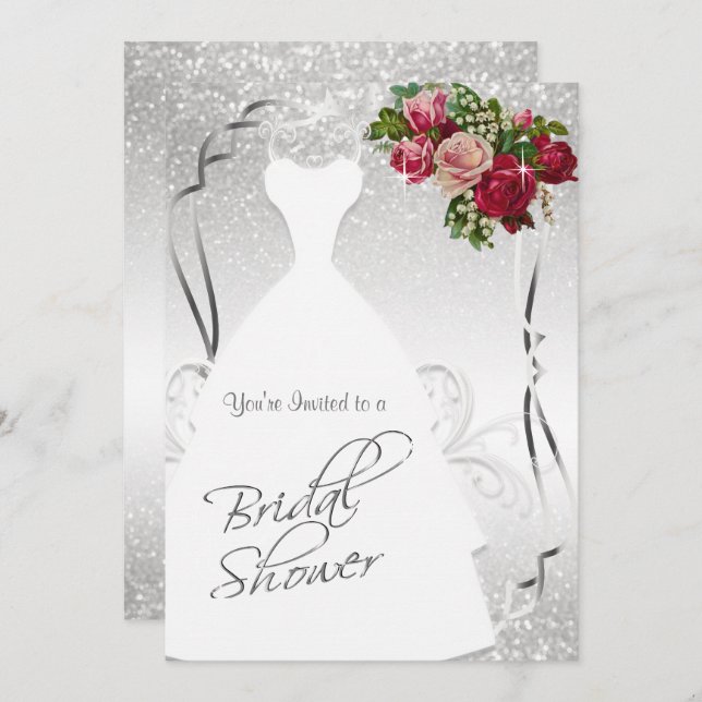 Bridal Shower in White and Silver Glitter Invitation (Front/Back)