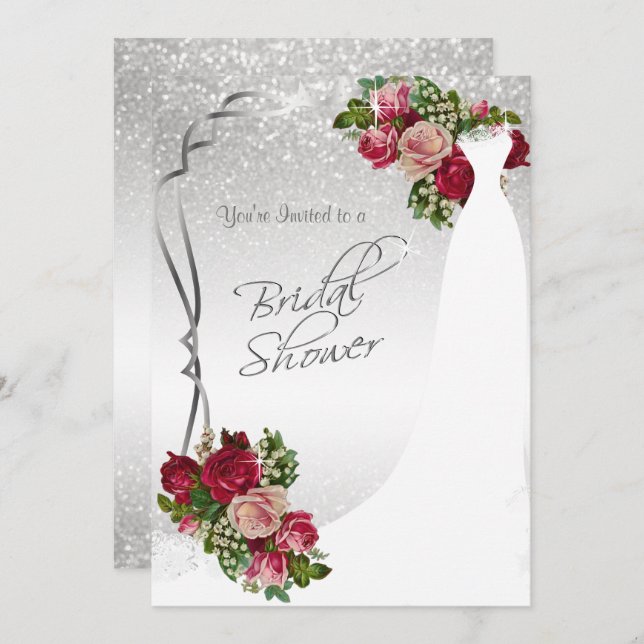 Bridal Shower in White and Silver Glitter Invitation (Front/Back)
