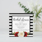 Bridal Shower Invitation Black White Stripes Rose (Standing Front)