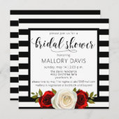 Bridal Shower Invitation Black White Stripes Rose (Front/Back)
