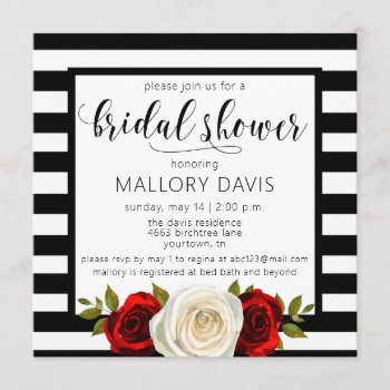 Bridal Shower Invitation Black White Stripes Rose by autumnandpine at Zazzle