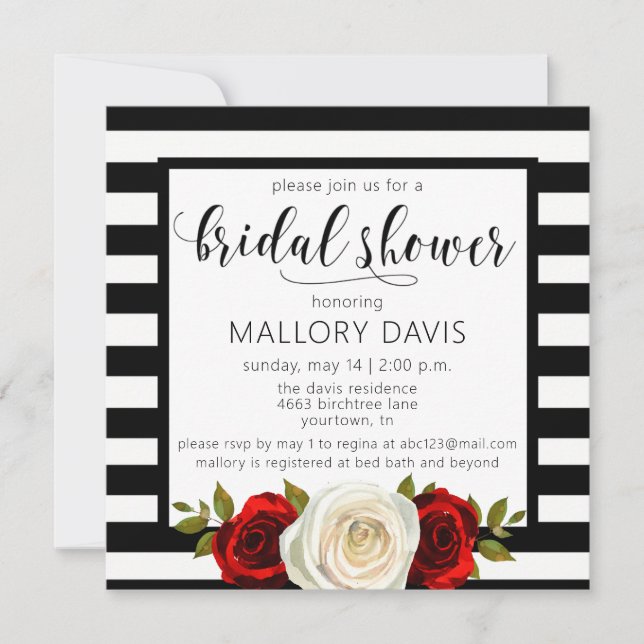 Bridal Shower Invitation Black White Stripes Rose (Front)