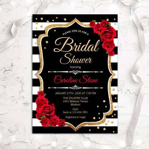 Bridal Shower Invitation Black White Stripes Roses