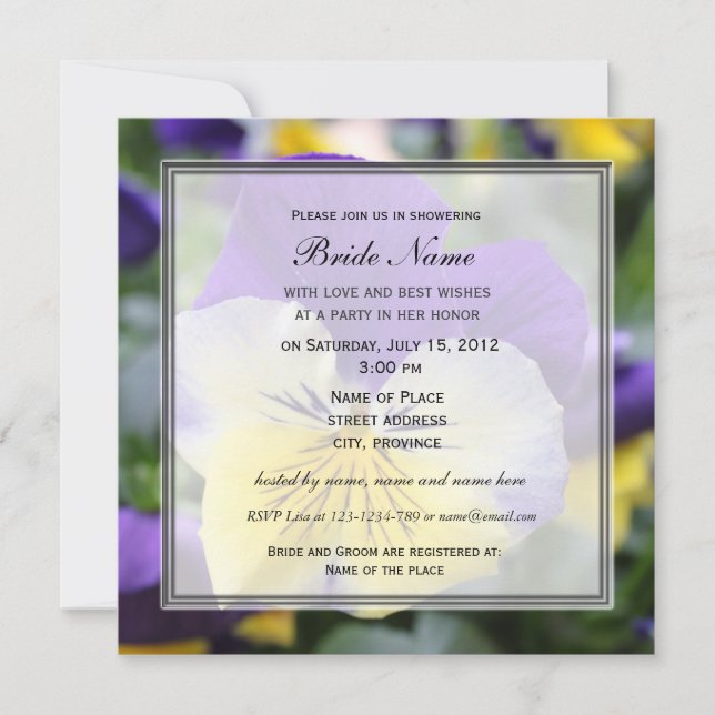 Bridal shower invitation, blue pansy flower invitation (Front)