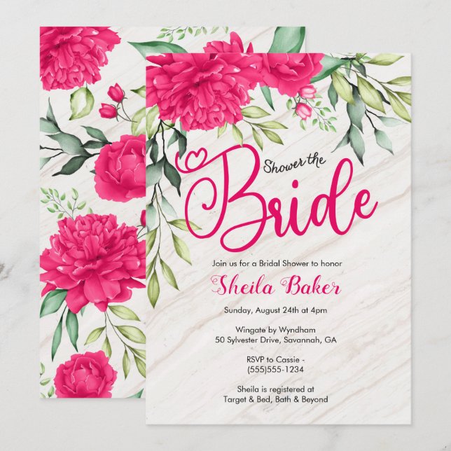 Bridal Shower Invitation - Bright Pink Floral (Front/Back)