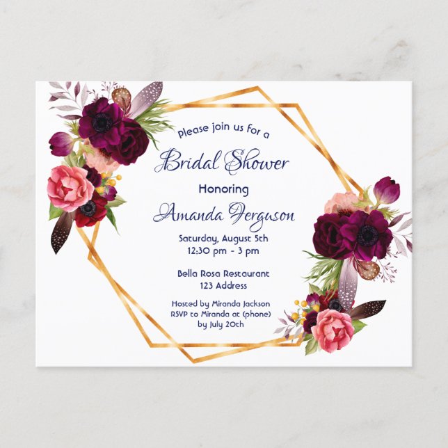Bridal shower invitation burgundy floral boho blue postcard (Front)