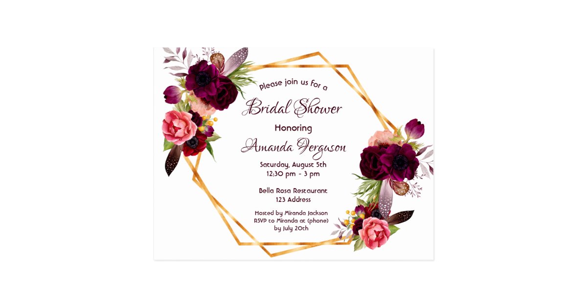 Bridal Shower Invitation Burgundy Florals Bohemian Postcard Zazzle Com