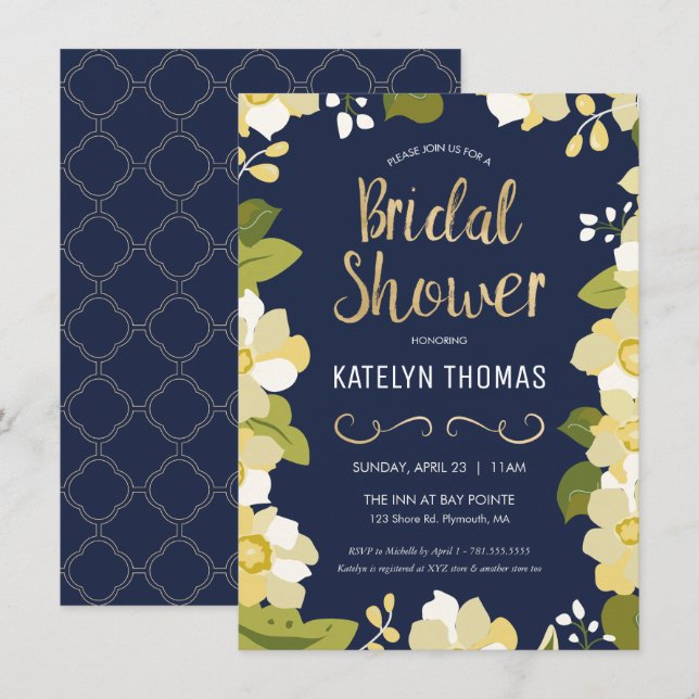 Bridal Shower Invitation, Customize Floral w/ Gold Invitation (Front/Back)