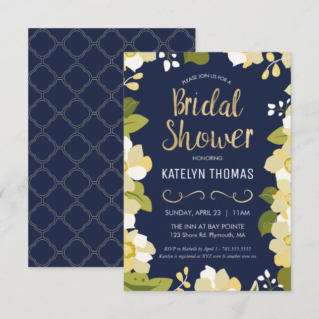 Bridal Shower Invitation, Customize Floral w/ Gold Invitation (Front/Back)