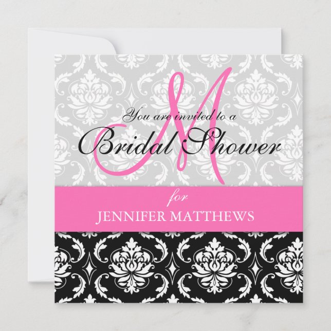 Bridal Shower Invitation Damask Hot Pink Monogram (Front)