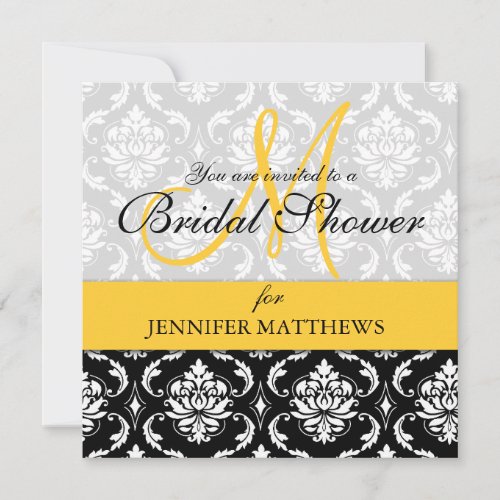 Bridal Shower Invitation Damask Yellow Monogram