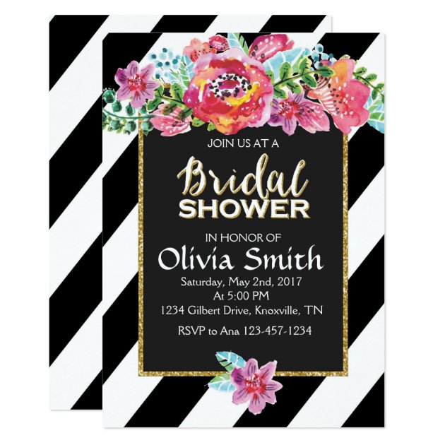 Bridal Shower Invitation, Floral Black & White Str Card