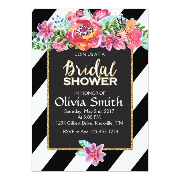 Bridal Shower Invitation, Floral Black & White Str Card