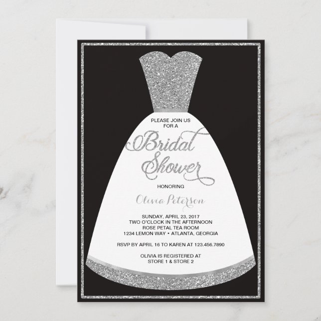 Bridal Shower Invitation, Gown, Faux Glitter Invitation (Front)