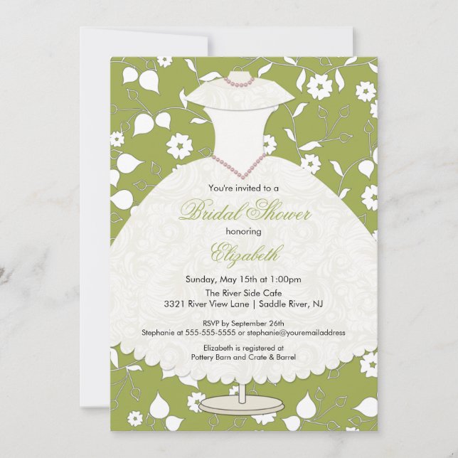 Bridal Shower Invitation Gown Green Floral (Front)