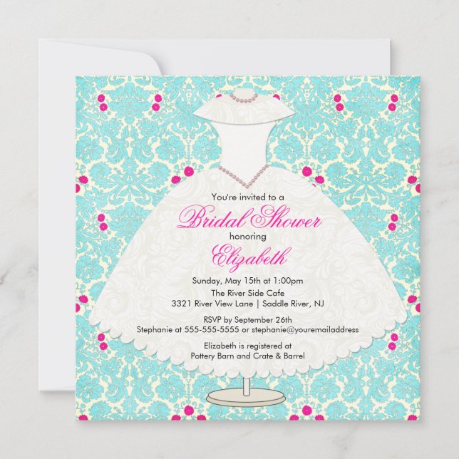 Bridal Shower Invitation Gown Turquoise  Damask (Front)