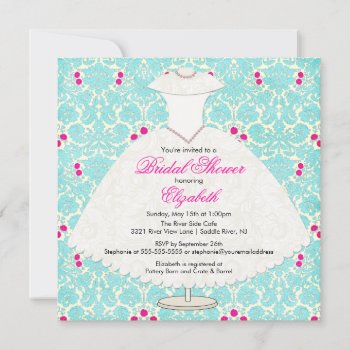 Bridal Shower Invitation Gown Turquoise  Damask by celebrateitweddings at Zazzle