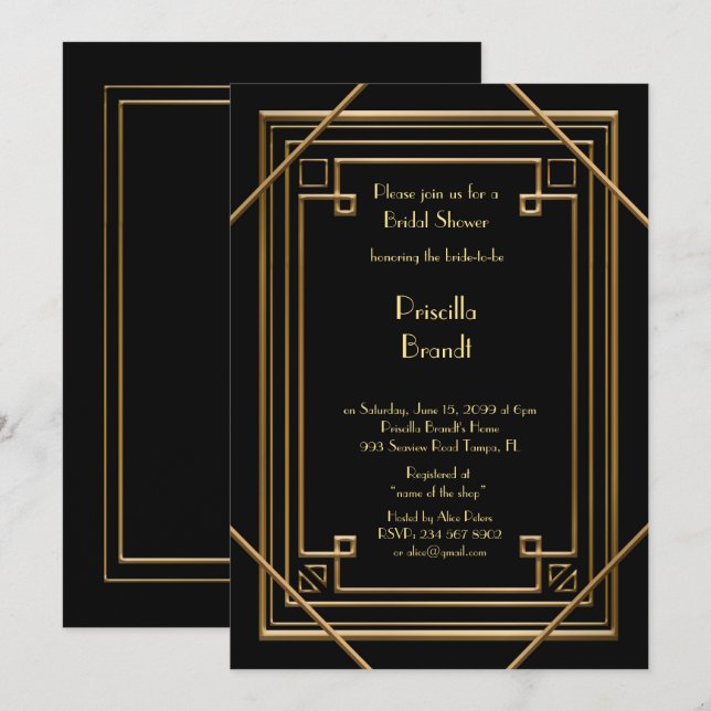 Bridal Shower invitation,great Gatsby gold black Invitation (Front/Back)