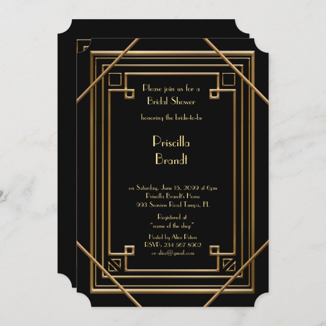 Bridal Shower invitation,great Gatsby gold black Invitation (Front/Back)