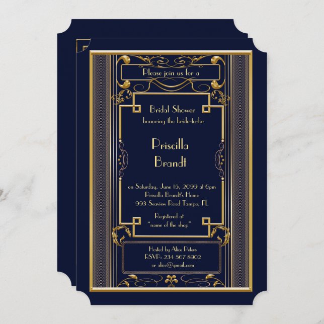 Bridal Shower invitation,great Gatsby gold navy Invitation (Front/Back)