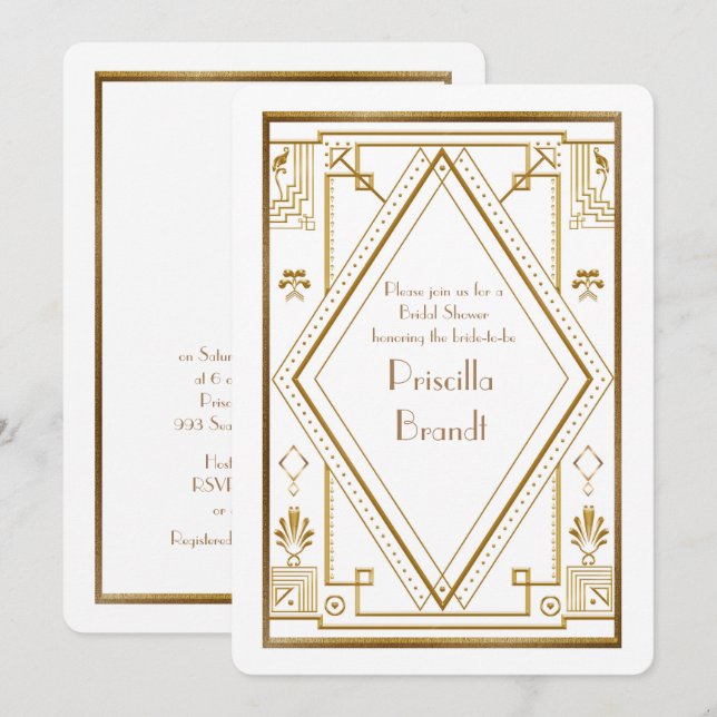 Bridal Shower invitation,great Gatsby gold white Invitation (Front/Back)