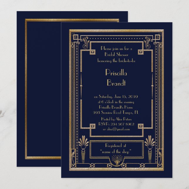 Bridal Shower invitation,great Gatsby metal navy Invitation (Front/Back)