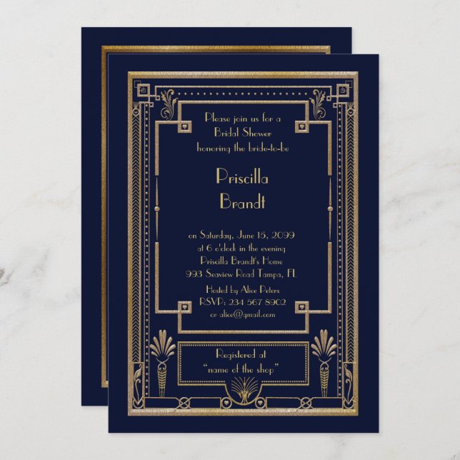 Bridal Shower invitation,great Gatsby metal navy Invitation (Front/Back)